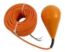 Grundfos svømmerafbryder MS1 i orange, med 30 meter ledning og synlige ledningsender, klar til tilslutning.