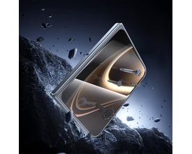 4smarts Second Glass-skærmbeskyttelse med monteringsramme til iPhone Duo, vist på en telefon med slag og flyvende sten.