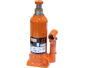 Bahco hydraulisk flaskedonkraft i skarp orange farve, viser 5T mærkning og 3-delt håndtag på hvid baggrund.