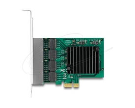DeLock PCI Express x1-netværkskort med Gigabit LAN, fire RJ45-porte og RTL8111, vist med køleprofil.