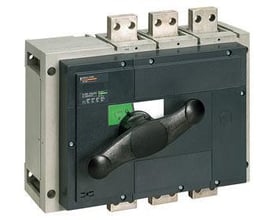Schneider Electric Interpact INS1600, 3-polet lastafbryder med 1600 A nominel strøm og drejehåndtag på mørkegrå front.