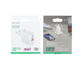 4smarts GaN Flex 65W hvid oplader vist med dens emballage, der viser opladerens porte og ladeeffekt.