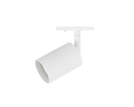Stilren hvid Halo Design Tube Spot LED med GU10 fatning, monteret på skinneadapter, klar til installation.