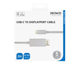 Deltaco USB-C til DisplayPort-kabel i hvid på 2 meter, vist på emballagen med begge stik og 4K UHD.
