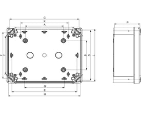 Thalassa TBP PC industriel kasse fra Schneider Electric med gråt låg, viser tekniske mål og dimensioner for en robust polycarbonat boks.