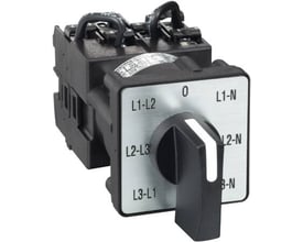 Schneider Electric LP Cam switch voltmeter omskifter med 7 stillinger og sort håndtag monteret på et panel.