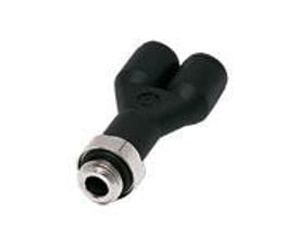 Parker Legris vridbart Y-stykke i sort teknisk polymer med gevind og Ø8mm slangekobling, isoleret på hvid baggrund.