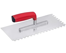 Rustfri tandspartel 28 x 13 cm med 6 mm fortanding og rødt soft-greb håndtag, ideel til flisearbejde.