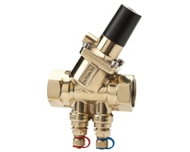 Frese Pv Compact DN15 dynamisk differenstrykregulator i messing med sort top og tilslutninger til kapillarrør.