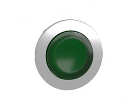 Schneider Electric Harmony XB4/ZB4 flush lampetrykhoved i grøn med metalramme på hvid baggrund.