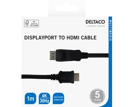 Emballage til Deltaco DisplayPort til HDMI-kabel, 1 meter og sort, med stik og kabel vist på forsiden.