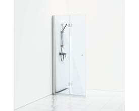 Svedbergs Skoga foldedør på 76 x 3 x 199 cm med mat alu-profil, monteret som bruseafskærmning med klare glasflader.