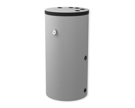 Eldom varmtvandsbeholder på 200 L til varmepumper, cylinderformet i grå med termometer og tilslutningsporte.