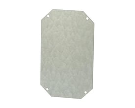 Fibox montageplade i elforsinket stål til 300x200 mm Arca vægskabe, med fire forborede monteringshuller i hjørnerne.