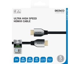 Emballagen til Deltaco Ultra High Speed HDMI-kabel i sort, 2 meter, viser kabel, stik og specifikationer.