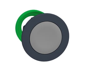 Schneider Electric Harmony XB5/ZB5 flush trykknaphoved i grå med grøn ring, velegnet til tavler.
