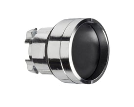Set fra siden, Schneider Electric sort trykknap med blank metalring og forsænket knap, klar til montering.