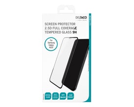 Deltaco emballage til skærmbeskytter til Samsung Galaxy A02s, med logo og produktinformation trykt.