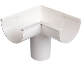 Plastmo indvendig gering til 75 mm tagrender i hvid plast med en 90° vinkel, vist med udløb nedad.