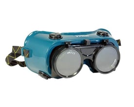 Activewear Weldy 4110 svejsebrille med DIN 5 og runde, dobbelte glas, set skråt forfra med rem.