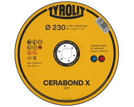 Tyrolit Prem skrubskive i gul med tydelig angivelse af dimensioner 230x7x22,23mm og CERABOND X 2-i-1 teknologi for optimal slibning.