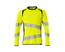 Mascot Hi-Vis sweatshirt i gul/mørk marine, vist forfra med rund hals, elastik i ærmer og talje, og synlige reflekser.