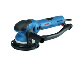 Bosch GET 75 excentersliber med blå og sort krop, støttegreb og rund slibesål på 150 mm.