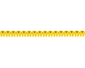 Tættere visning af gule Legrand CAB3 ledningsmærker med sort plus (+) markering, klar til montering på ledning.