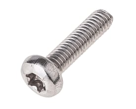 Maskinskrue M5 x 16 mm i A4 rustfrit stål med PAN hoved og TX25 Torx kærv, vist isoleret på hvid baggrund.