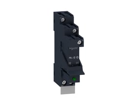 Schneider Electric Zelio RSB stikbensrelæ i mørkeblå plast med 1 C/O kontakt og 12VDC forsyning, viser 16mm bredde og grøn status-LED.