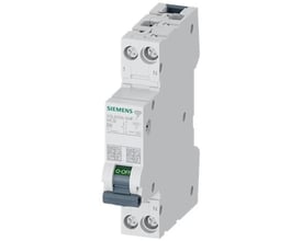 Siemens MCB COM miniatureafbryder 5SL6, 230V, 6kA, 1+N, B06. Afbryderen har en grå-grøn vippekontakt til O-OFF.