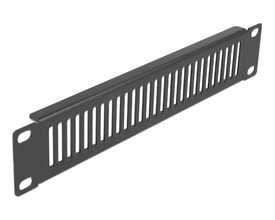 DeLock 10" 1U netværkskabinet panel i sort metal med ventilationsåbninger og monteringshuller.