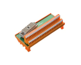 Weidmüller LP2N-interface modul med orange terminalrækker og gråt 56-polet ELCO-hunstik, set skråt ovenfra.