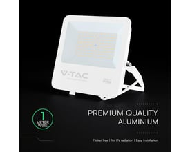 V-TAC LED-projektør på 100 W med CREE-chip og hvidt hus, vist forfra med monteringsbøjle og ledning.