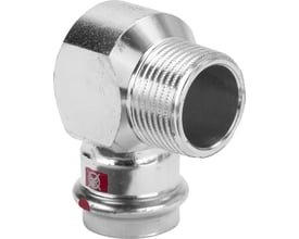 Detaljeret billede af Viega Prestabo 90° vinkel, der viser 18mm presfitting, forzinket stål og 1/2" gevind med EPDM O-ring.