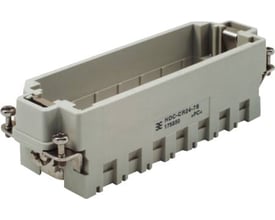 Weidmüller HDC industristik ramme størrelse 8 med plads til 7 moduler, fremstillet af lys grå plast med metalclips.