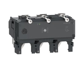 Schneider Electric Micrologic 1.3M relæ med tre poler og 500A mærkestrøm. Synlige indstillinger for kortslutningsbeskyttelse og driftsklar LED.