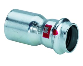 Sidebillede af Viega Prestabo 28x22mm reduktion af forzinket stål med tydelig SC-Contur og V-mærkat.