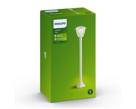 Philips Creek udendørs pullertlampe i hvid aluminium med E27 fatning, vist på sin grønne produktæske.