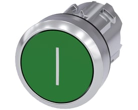 Siemens SIRIUS ACT 22mm trykknap i grønt metal med højglans finish og "I" mærke, set fra siden på hvid baggrund.
