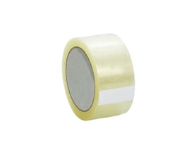 Rulle med klar Roliba pakketape i PP AC, 38 mm bred og 66 meter lang, med den gennemsigtige tape synlig.