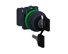 Schneider Electric nøglegreb flush komplet med 3 positioner og Ronis 455 nøgle, vist med 2xNO kontaktelementer påsat.