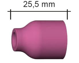 Dimensioner på Abicor Binzel gaskop: 25,5 mm længde og 9,5 mm diameter, vist i en pink keramisk farve.