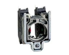Set bagfra: Schneider Electric ZB4BZ1055 kontaktelement med 1NO-1NC og fjederklemmer i metal og sort plast, klar til montering på knap.