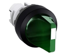 ABB drejegreb med 3 positioner i grøn farve, designet til ø 22mm montering. Hvid bagmontering og sort ring.