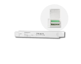 Hvid Envilar LED-driver på 24 V med Zigbee-styring til enkeltfarvede LED-strips; terminaldækslet ses åbent.