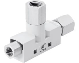 Festo vakuumejektor VN-05-H-T2-PI2-VI2-RI2 i hvidt og gråt metal, T-formet med nipler og symboler trykt på siden.