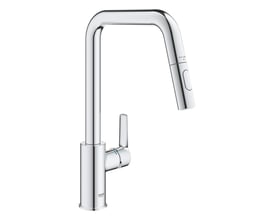 Grohe Start køkkenarmatur med krom finish, U-formet tud og udtræksspray med dual funktion, vist på hvid baggrund.
