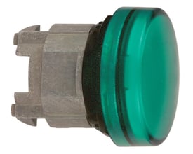 Schneider Electric Harmony Style 4 signallampehoved, grøn linse og grå metalmonteringsdel. Enkel og robust konstruktion.