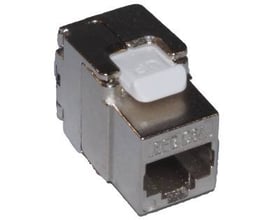 Kat 6A FTP Keystone konnektor med tool-less design og en skinnende krom finish, der viser den kompakte og solide konstruktion.